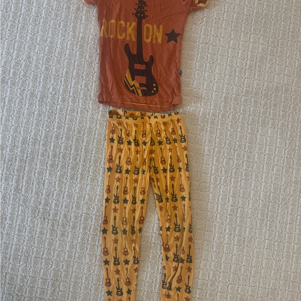 Kickee Pants Orange & Yellow Rock On Guitar Print Pajamas